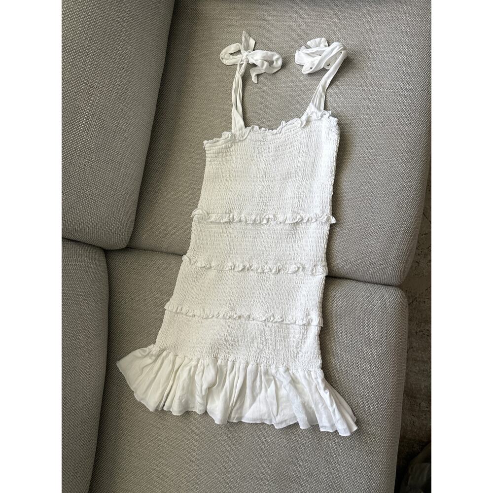 Katie J NYC White Smocked Tie-Strap Ruffle Dress